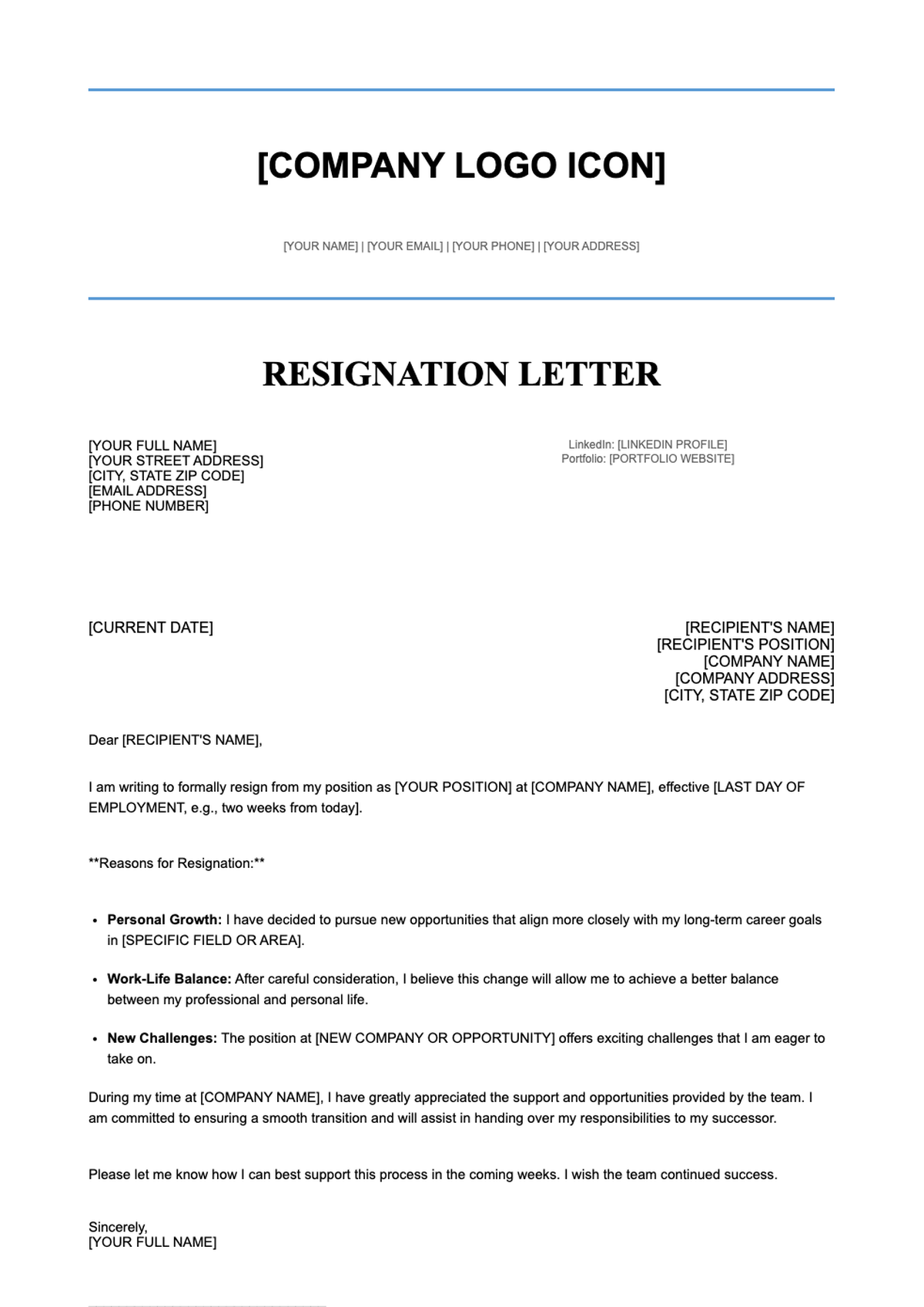 Short resignation letter template with blue header and placeholder fields_variant_3